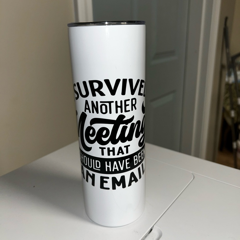 White Travel Tumbler with Black Meeting Script